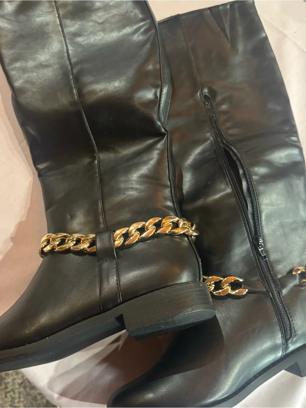 NEW  WITHOUT TAGSWomen's Black Over-the-Knee Boots with Gold Chain Accent